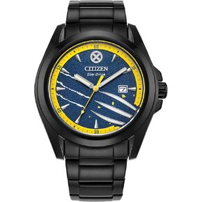 Citizen Men's Eco-Drive Marvel Wolverine Black Ion Plated Watch with Black Leather Strap and Pin Gift Set,Blue Dial, Luminous Hands, 42mm (Model: AW1435-66W)