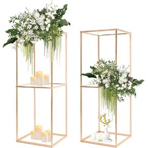 LANLONG Gold Pedestal Stands for Display with Acrylic Panel, 2Pcs 2-layer Cylinder Pedestal Stand for Tables, 31.5 inch Tall Metal Flower Stand for Wedding Centerpiece Party Event Decoration