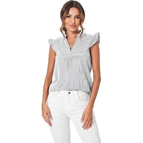 WDIRARA Women's Striped Ruffle Cap Sleeve Notched V Neck Blouse Top Shirt