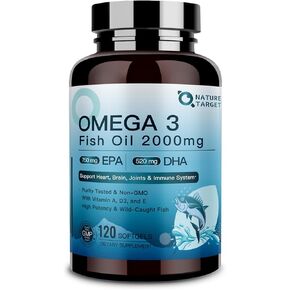 NATURE TARGET Omega 3 Fish Oil 2000mg Softgels with Vitamin D3 & E & A - EPA & DHA- Max-Absorption, Supports Heart, Brain & Immune Health, Non-GMO, 120 Softgels