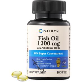 DAIKEN Mini Fish Oil 1200 mg, rTG Omega 3 1000mg, 60 Softgels, High Absorption & Burpless Fish Oil for Healthy Heart, Brain and Dry Eyes Support (Pack of 2)