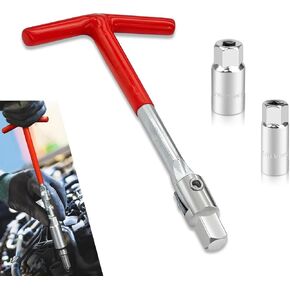 3 PCS Car Spark Plug Socket Wrench, 3/8" Drive T-Type Easy Grip Anti-Slip Handle Universal Joint Installer, with 5/8" 13/16" Spark Plug Socket, Universal for Cars Reair Tool (Silver & Red)