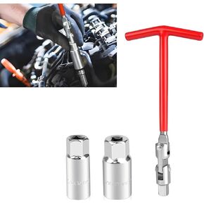 3 PCS Car Spark Plug Socket Wrench, 3/8" T-shaped Non-slip Handle Labor-saving Disassembly Tool, 360 Degree Rotation Structure with 16 mm 21 mm Installer, Universal for Cars (Silver & Red)