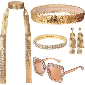 70s Women Disco Accessories, Disco Costume Jewelry Set Include Sequin Scarf Headband Diamond Bracelet Earring Glasses