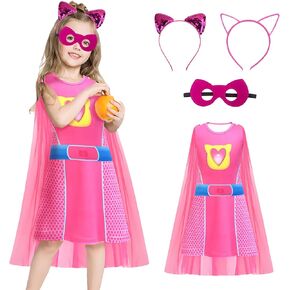 Superhero Cape Dress with Cat Ear Headband and Mask Set,Birthday Halloween Christmas Costume For heroes 3-8Y
