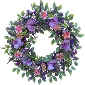Wreaths for Front Door 24 inch Spring Summer Wreath with Purely Handmade Phalaenopsis Orchids, Large Berries, Mixed Purple Berrie Decor for Farmhouse, Outdoor, Porch, Wall Window Decor All Year Round