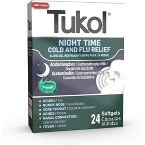 Tukol Time Time Cold & Flu Relief Noft Halms ، دواء السعال الليلي للبالغين ، ديكستروميثورفان ، أنفلونزا وطب البرد ، السعال الليلي والكبت البارد ، تخفيف السعال الجاف ، 24 العد