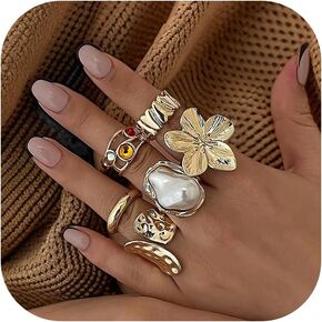 6Pcs Chunky Gold Rings for Women Non Tarnish Flower Rings for Women Stackable Open Finger Ring Sets Vintage Knuckle Statement Ring Jewelry