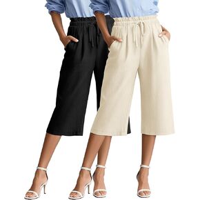 2 Pack Women's Wide Leg Linen Capri Pants Casual Cotton High Waist Cropped Palazzo Summer Trousers with Pockets