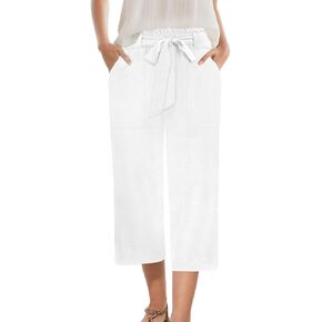 Womens Wide Leg Capri Pants Summer High Waisted Pants Drawstring Casual Loose Trousers with Pockets