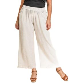 Umgee Wide Leg Pant with Elastic Waist, Pockets, and Frayed Hem