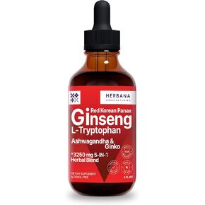 Red Korean Panax Ginseng & L-Tryptophan Liquid Extract Formula 4 fl oz - Ashwagandha, Ginkgo Biloba - Energy, Cognitive Performance & Focus - Immune System and Vitality Support Tincture