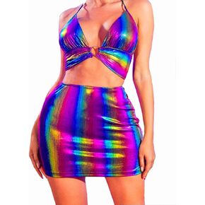 Twinklede Shiny Outfit 2pcs Mini Mini Skirt Glitter Halter Bra Top Top Nightclub Party Clothing for Women