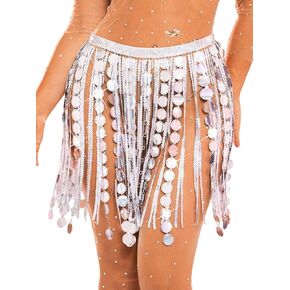 Kakaco Silver Silver Skirt Dot Sequins Dance Chansts Fringe Belly Dance Hip Dicf for Women (Us ، Weist ، 29 ، Strament ، Silver)