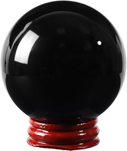 Sportmusies Natural Black Obsidian Stone Sphere with Wooden Stand, Polished Crystal Ball Decoration for Home & Office in Kuwait