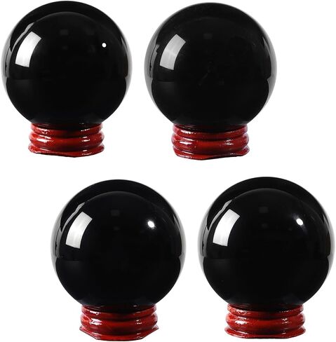 Sportmusies Natural Black Obsidian Stone Sphere with Wooden Stand, Polished Crystal Ball Decoration for Home & Office in Kuwait