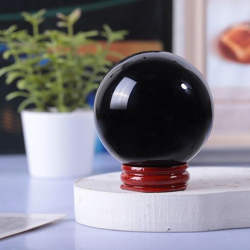 Sportmusies Natural Black Obsidian Stone Sphere with Wooden Stand, Polished Crystal Ball Decoration for Home & Office in Kuwait