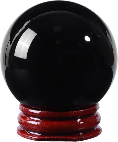 Sportmusies Natural Black Obsidian Stone Sphere with Wooden Stand, Polished Crystal Ball Decoration for Home & Office in Kuwait