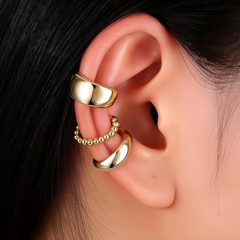 3pcs أصفاد الأذن مكتنزة/رقيقة غير ثقب للنساء ، أقراط الغضروف للنساء ، مقطع على أقراط ، مقاطع مقعدة الذهب 14K in Kuwait