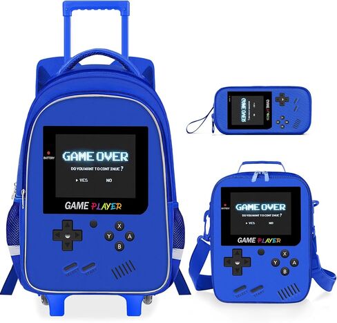 حقيبة الظهر المتداول للأطفال - 3pcs Gamer Boys Rolling Backpack مع مجموعة حقيبة الغداء ، وحرفية الكتب في المدارس المتوسطة الابتدائية مع مقبض قابل للتعديل للسفر والمدرسة in Kuwait