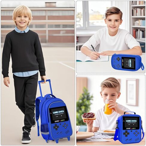 حقيبة الظهر المتداول للأطفال - 3pcs Gamer Boys Rolling Backpack مع مجموعة حقيبة الغداء ، وحرفية الكتب في المدارس المتوسطة الابتدائية مع مقبض قابل للتعديل للسفر والمدرسة in Kuwait