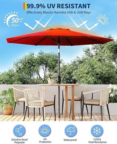 IDEALHOUSE 9Ft Outdoor Patio Umbrella, 8 Sturdy Ribs Table Umbrella With Crank Lift & Push Button Tilt, Market Umbrella UV Protection Waterproof for Garden, Deck, Backyard, Pool in Saudi Arabia