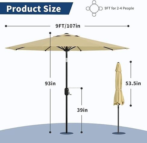 IDEALHOUSE 9Ft Outdoor Patio Umbrella, 8 Sturdy Ribs Table Umbrella With Crank Lift & Push Button Tilt, Market Umbrella UV Protection Waterproof for Garden, Deck, Backyard, Pool in Saudi Arabia