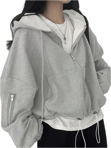 Women's Zip Up Drawstring Hoodie Long Sleeve Drop Shoulder Loose Sweatshirt Outerwear in Saudi Arabia