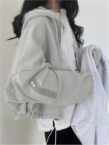 Women's Zip Up Drawstring Hoodie Long Sleeve Drop Shoulder Loose Sweatshirt Outerwear in Saudi Arabia