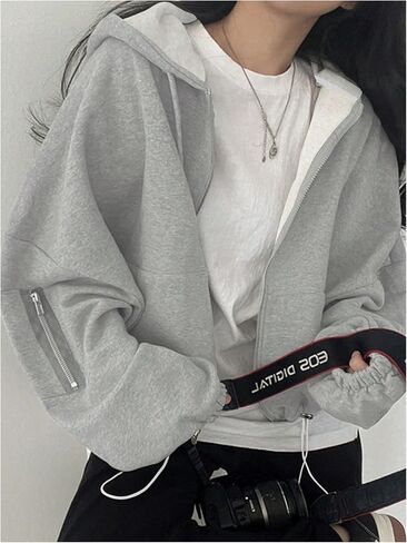 Women's Zip Up Drawstring Hoodie Long Sleeve Drop Shoulder Loose Sweatshirt Outerwear in Saudi Arabia