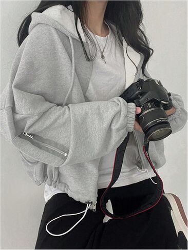 Women's Zip Up Drawstring Hoodie Long Sleeve Drop Shoulder Loose Sweatshirt Outerwear in Saudi Arabia