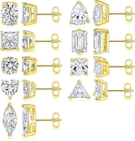 9 أزواج أقراط مسمار مجموعة 18 ألف بيضاء/صفراء الذهب hypoallergenic zirconia zirconia round square spieder eyt heart cz 4 prong roping for women and men 6-11mm in Kuwait