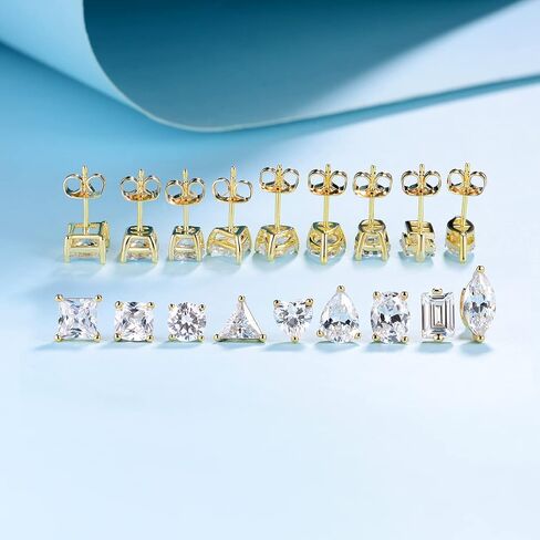9 أزواج أقراط مسمار مجموعة 18 ألف بيضاء/صفراء الذهب hypoallergenic zirconia zirconia round square spieder eyt heart cz 4 prong roping for women and men 6-11mm in Kuwait