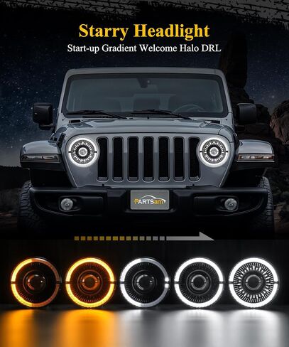 Partsam 7 inch Round LED Headlights-DOT Approved Replacement for Wrangler/JK/TJ/CJ, with Start-up Gradient Halo DRL Turn Signal, Anti-glare High/Low Beam, H6024, Black in Saudi Arabia