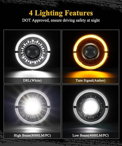 Partsam 7 inch Round LED Headlights-DOT Approved Replacement for Wrangler/JK/TJ/CJ, with Start-up Gradient Halo DRL Turn Signal, Anti-glare High/Low Beam, H6024, Black in Saudi Arabia