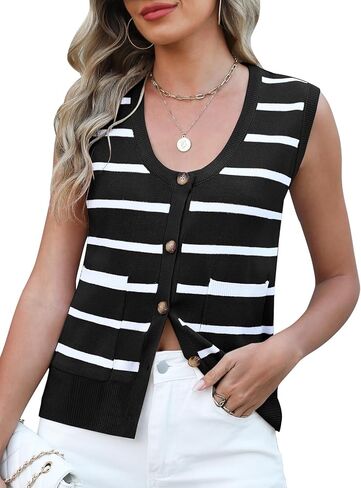 Women Sweater Vest Button Down Sleeveless Knit Tank Top Summer Casual Lightweight Striped Sweater Tops in Saudi Arabia