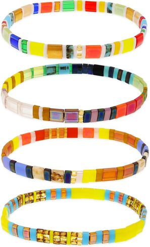 Tila Flat Beaded Bracelets Set for Women, 4Pcs Trendy Miyuki Glass Stack Beads Stretch Bracelet Outfit Accessories Jewelry Gift. in Saudi Arabia