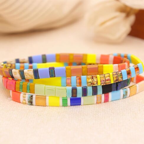 Tila Flat Beaded Bracelets Set for Women, 4Pcs Trendy Miyuki Glass Stack Beads Stretch Bracelet Outfit Accessories Jewelry Gift. in Saudi Arabia