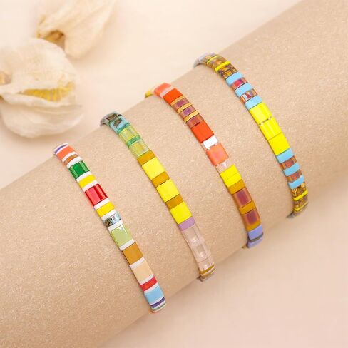 Tila Flat Beaded Bracelets Set for Women, 4Pcs Trendy Miyuki Glass Stack Beads Stretch Bracelet Outfit Accessories Jewelry Gift. in Saudi Arabia