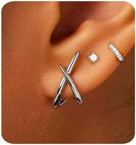 Gold Huggie Hoop Stud Earrings Set for Women Trendy, Dainty Small 14K Gold Earrings for Multiple Piercing, Hypoallergenic Simple Minimalist CZ Cartilage Earrings for Women Gifts 3Pairs in Saudi Arabia