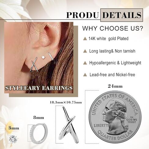 Gold Huggie Hoop Stud Earrings Set for Women Trendy, Dainty Small 14K Gold Earrings for Multiple Piercing, Hypoallergenic Simple Minimalist CZ Cartilage Earrings for Women Gifts 3Pairs in Saudi Arabia