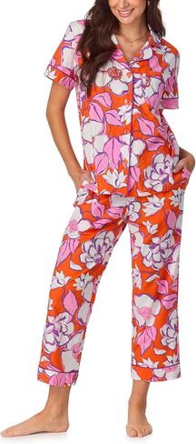 Trina Turk PJS Womens Short Sleeve Notch Twch Twch & Bants Bants Sleepwear Pajama مجموعة ، القطن العضوي in Saudi Arabia