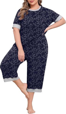 Lastshe Women Plus Size Pajama Set 2 Piece Short Sleeve Capri Pants Knit Sleepwear Lounge Set Ladies Pjs Soft with Pockets in Saudi Arabia