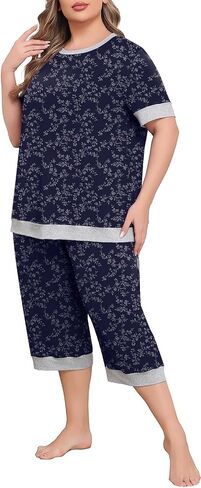Lastshe Women Plus Size Pajama Set 2 Piece Short Sleeve Capri Pants Knit Sleepwear Lounge Set Ladies Pjs Soft with Pockets in Saudi Arabia
