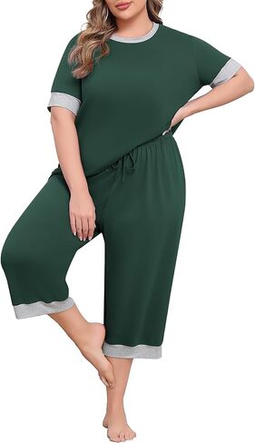 Lastshe Women Plus Size Pajama Set 2 Piece Short Sleeve Capri Pants Knit Sleepwear Lounge Set Ladies Pjs Soft with Pockets in Saudi Arabia