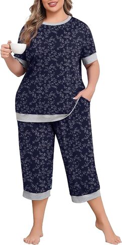 Lastshe Women Plus Size Pajama Set 2 Piece Short Sleeve Capri Pants Knit Sleepwear Lounge Set Ladies Pjs Soft with Pockets in Saudi Arabia