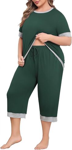 Lastshe Women Plus Size Pajama Set 2 Piece Short Sleeve Capri Pants Knit Sleepwear Lounge Set Ladies Pjs Soft with Pockets in Saudi Arabia