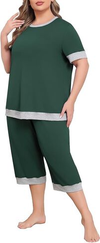 Lastshe Women Plus Size Pajama Set 2 Piece Short Sleeve Capri Pants Knit Sleepwear Lounge Set Ladies Pjs Soft with Pockets in Saudi Arabia