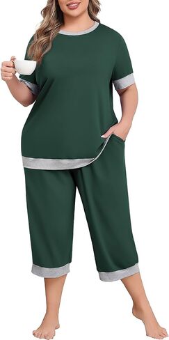 Lastshe Women Plus Size Pajama Set 2 Piece Short Sleeve Capri Pants Knit Sleepwear Lounge Set Ladies Pjs Soft with Pockets in Saudi Arabia