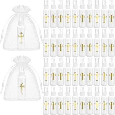 48 PCS 2 أوقية زجاجات المياه المقدسة الكاثوليكية البلاستيك البلاستيك المقدس الحاويات الفارغة مع أكياس أورجانزا لأحداث الكنيسة معمودية معمودية الحزب in Kuwait
